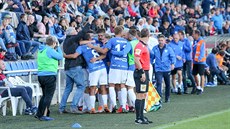 Radost Táborska ze vstřeleného gólu v utkání s Českými Budějovicemi. Radost Táborska ze vstřeleného gólu v utkání s Českými Budějovicemi.