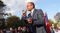 Jaroslav Foldyna na demonstraci na podporu Viktora Orbána ped maarskou...