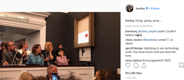 „Mizí, mizí, zmizel“ komentoval událost Banksy na svém Instagramu. „Mizí, mizí, zmizel“ komentoval událost Banksy na svém Instagramu.