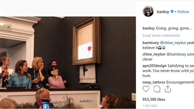 Miz, miz, zmizel komentoval udlost Banksy na svm Instagramu.
