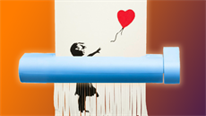 Banksy do svého obrazu zabudoval skartovačku. Banksy do svého obrazu zabudoval skartovačku.