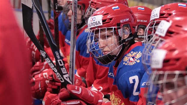 Ruští hokejisté do 18 let během zápasu v Příbrami. Ruští hokejisté do 18 let během zápasu v Příbrami.