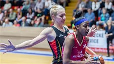 Brandi Wingateová (v červeném) ze Slavie pod tlakem Josipy Buraové z Hradce... Brandi Wingateová (v červeném) ze Slavie pod tlakem Josipy Buraové z Hradce...