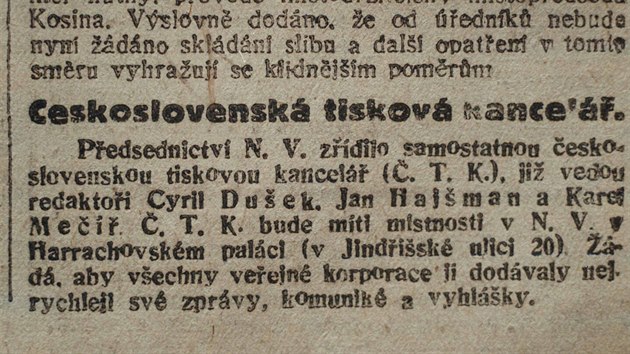 Oznámení vzniku TK v novinách Právo lidu (31. íjna 1918)