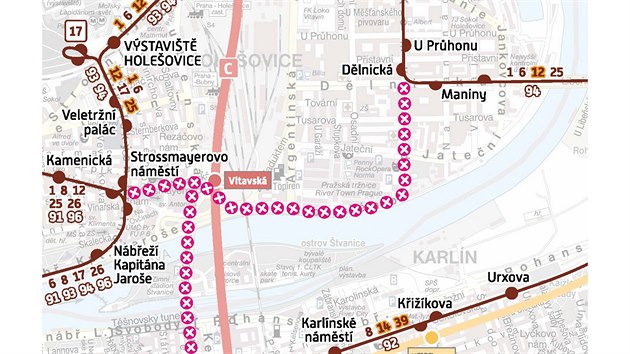 Schma oznaujc uzavrky mostu v Bubensk ulici a tak objzdn trasy pro tramvaje i auta (24.10.2018)