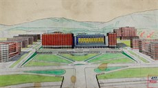 Gahurův projekt z roku 1935 počítal s tím, že náměstí Práce by zabíralo prostor... Gahurův projekt z roku 1935 počítal s tím, že náměstí Práce by zabíralo prostor...