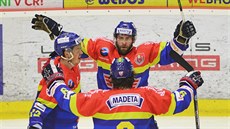 Budějovičtí hráči (zleva) Pavel Pýcha, Martin Novák a Lukáš Endál se radují z... Budějovičtí hráči (zleva) Pavel Pýcha, Martin Novák a Lukáš Endál se radují z...