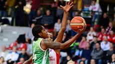 Jasmine Gillová (v zeleném) z KP Brno útočí na koš Miskolce. Jasmine Gillová (v zeleném) z KP Brno útočí na koš Miskolce.