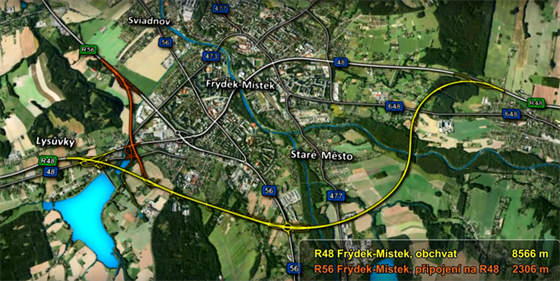 Obchvat Frýdku-Místku a pipojení na R48 vyznaené na map.