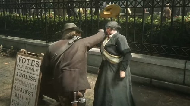 Red Dead Redemption 2 - hlavní hrdina mlátí aktivistku Red Dead Redemption 2 - hlavní hrdina mlátí aktivistku