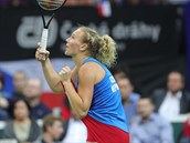 Kateina Siniakov rozhoen reaguje po nezdaen vmn ve finle Fed Cupu.