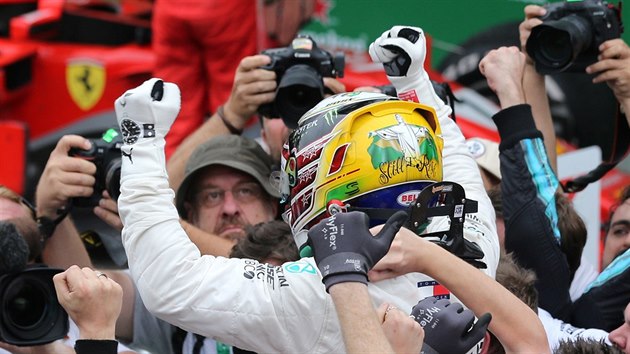 Lewis Hamilton ze stje Mercedes slav ped objektivy fotograf vtzstv ve Velk cen Brazlie.
