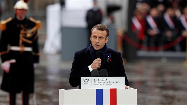 V Pai se k 100. vro konce prvn svtov vlky konaly vzpomnkov akce za asti sttnk z celho svta, francouzsk prezident Emmanuel Macron pednesl projev. (11. listopadu 2018)