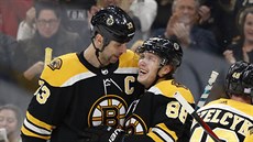 David Pastrňák (číslo 88) přijímá pochvalu kapitána Bostonu Zdena Cháry. David Pastrňák (číslo 88) přijímá pochvalu kapitána Bostonu Zdena Cháry.