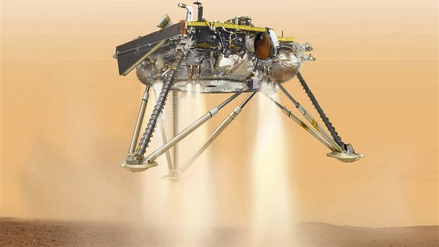 Sonda InSight přistává na povrchu Marsu (ilustrace). Sonda InSight přistává na povrchu Marsu (ilustrace).