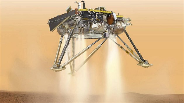 Sonda InSight pistává na povrchu Marsu (ilustrace). 