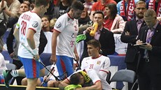 Čeští florbalisté na mistrovství světa v Praze. Vpravo stojí trenér Petri... Čeští florbalisté na mistrovství světa v Praze. Vpravo stojí trenér Petri...
