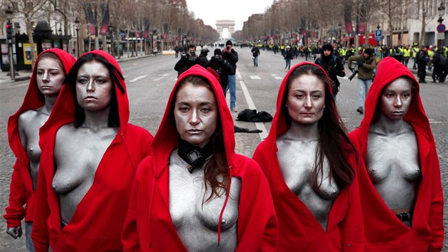 Ve Francii se opt seli pznivci hnut lutch vest, kter protestuje proti rstu ivotnch nklad oban a vld prezidenta Emmanuela Macrona. V Pai se k nim pipojily i eny pevleen za  symbol Francouzsk republiky Marianne. (15. prosince 2018)