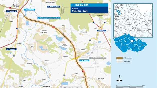 Pipravovan trasa budouc dlnice D35 v seku Opatovice-asy.