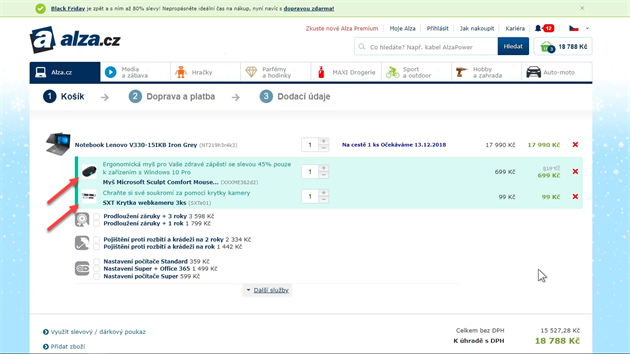 K notebooku Lenovo V330 jsme do košíku dostali (nikoli zadarmo) i myš a krytku na webkameru, zboží celkově za téměř 800 korun.