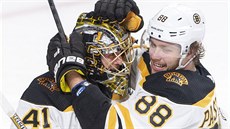 Radek Pastrňák a brankář Jaroslav Halák oslavují triumf Bostonu na ledě... Radek Pastrňák a brankář Jaroslav Halák oslavují triumf Bostonu na ledě...