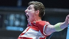 Pardubický florbalista Jan Kourek slaví gól. Pardubický florbalista Jan Kourek slaví gól.