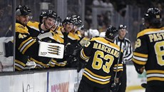 Brad Marchand a David Pastrák slaví gól s lavikou Boston Bruins