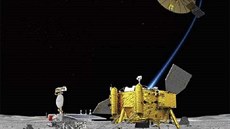 Ilustrace sondy Čchang-e 4 a komunikačního satelitu na oběžné dráze Ilustrace sondy Čchang-e 4 a komunikačního satelitu na oběžné dráze
