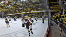 Litvínovský útočník Lukáš Válek slaví s diváky svůj gól. Litvínovský útočník Lukáš Válek slaví s diváky svůj gól.