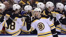 David Krejčí přijímá po gólu gratulace svých spoluhráčů z Bostonu. David Krejčí přijímá po gólu gratulace svých spoluhráčů z Bostonu.