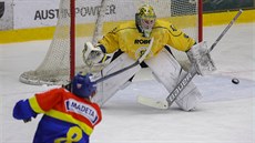 Vsetínský gólman David Gába čelí střele v zápase s Českými Budějovicemi. Vsetínský gólman David Gába čelí střele v zápase s Českými Budějovicemi.