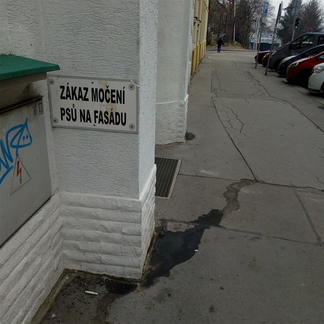 V Heřmanově ulici v Praze 7-Bubny vedle kultovní kavárny Liberál je pěkná cedule, psi ji však nerespektují, ježto neumí číst a vede instinkt močit na rohy. Než je odradí majitel psa, je pozdě. Psi prostě močí.
