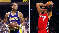 Basketbalisté Kareem Abdul-Jabbar v dresu LA Lakers (1987) a Amar'e Stoudemire... Basketbalisté Kareem Abdul-Jabbar v dresu LA Lakers (1987) a Amar'e Stoudemire...