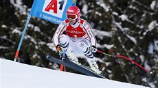 Německý lyžař Josef Ferstl na trati superobřího slalomu v Kitzbühelu. Německý lyžař Josef Ferstl na trati superobřího slalomu v Kitzbühelu.