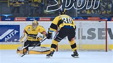 Litvínovský gólman Michael Petrásek inkasuje v utkání s Mladou Boleslaví. Litvínovský gólman Michael Petrásek inkasuje v utkání s Mladou Boleslaví.