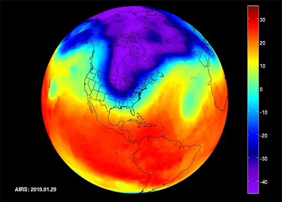 Satelitní mení teploty ukazuje vpád polárního vortexu do severní Ameriky v...
