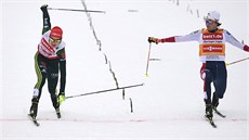 Jarl Magnus Riiber (vpravo) vyhrál v Klingenthalu devátý závod Světového poháru... Jarl Magnus Riiber (vpravo) vyhrál v Klingenthalu devátý závod Světového poháru...