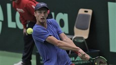 Jiří Lehečka v zápase s Robinem Haasem z Nizozemska během Davis Cupu. Jiří Lehečka v zápase s Robinem Haasem z Nizozemska během Davis Cupu.