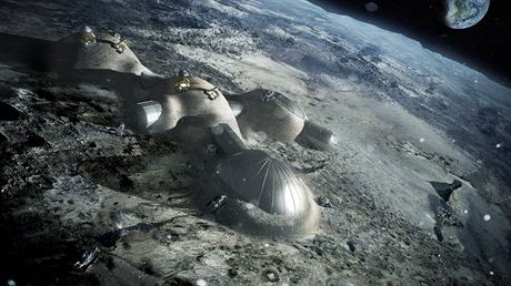 Pedstava Evropské kosmické agentury, jak by mohla vypadat vesnice na msíci....