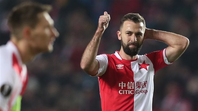 Slávistický záložník Josef Hušbauer v utkání Evropské ligy s Genkem. Slávistický záložník Josef Hušbauer v utkání Evropské ligy s Genkem.