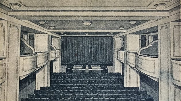Pohled na hledit kina Central v dnenm sdle Muzea umn Olomouc. Jde o artdecovou podobu slu z 20. let 20. stolet.