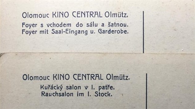 Rub reklamnch a upomnkovch pohlednic z olomouckho kina Central z 20. let 20. stolet. Promtalo v dnenm sdle Muzea umn v Denisov ulici.