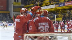 Tinetí hokejisté gratulujíc brankái imonu Hrubcovi po výhe v Litvínov.