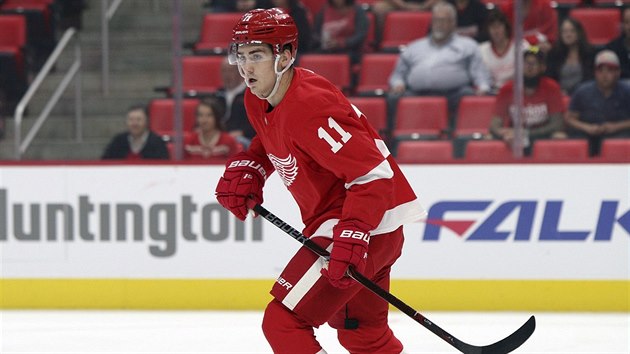 Český útočník ve službách Detroitu Filip Zadina během přípravného duelu před... Český útočník ve službách Detroitu Filip Zadina během přípravného duelu před...
