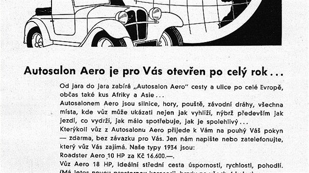 Reklama na automobily znaky Aero z roku 1934. Krom malch typ Aero 10 HP, 18 HP a litru je zde inzerovna i nov tictka.