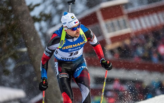 Biathlete Tomas Krupcik runs with a ten-kilometer sprint in Östersund, Sweden.