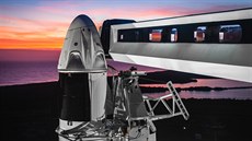 Crew Dragon připevněný ke špici Falconu 9 během zkoušek v únoru 2019 Crew Dragon připevněný ke špici Falconu 9 během zkoušek v únoru 2019