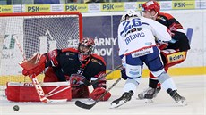 Hradecký brankář Jaroslav Pavelka (vlevo) zasahuje v extraligovém play off s... Hradecký brankář Jaroslav Pavelka (vlevo) zasahuje v extraligovém play off s...