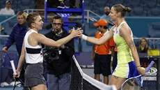 Karolína Plíšková (vpravo) přijímá gratulaci Simony Halepové po semifinále... Karolína Plíšková (vpravo) přijímá gratulaci Simony Halepové po semifinále...