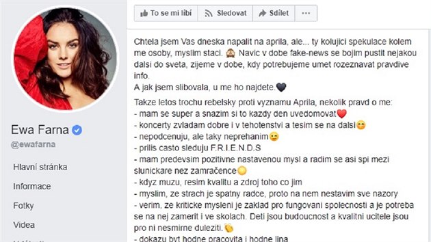 Ewa Farna potila sv fanouky na Facebooku (1. dubna 2019)